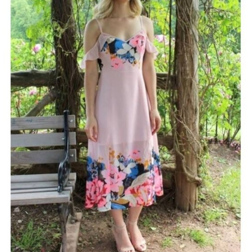 Express Pretty Pink Floral ChiffonRuffle Sleeve Cold Shoulder Midi Dress